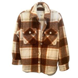 Abercrombie & Fitch Brown Plaid Sherpa Shirt Jacket Cozy Oversized Fall Sz S